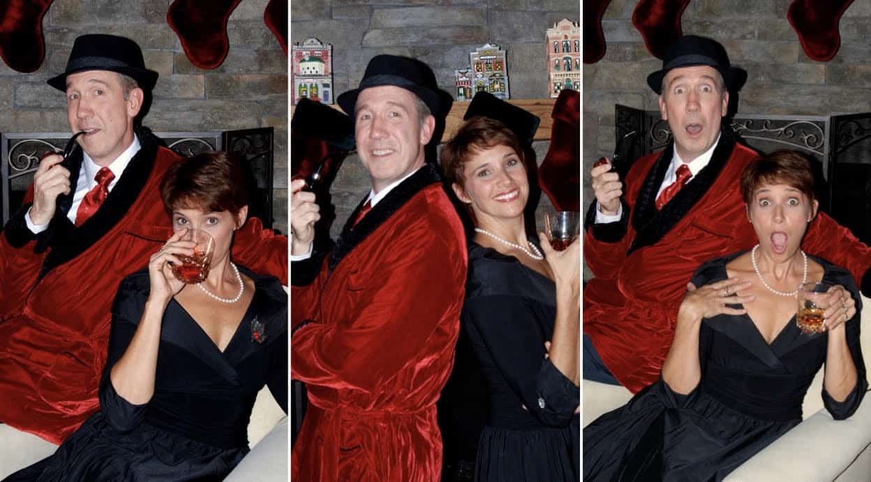 Brian Runbeck and Shana Bousard lean back to back in red and black festive holiday clothes