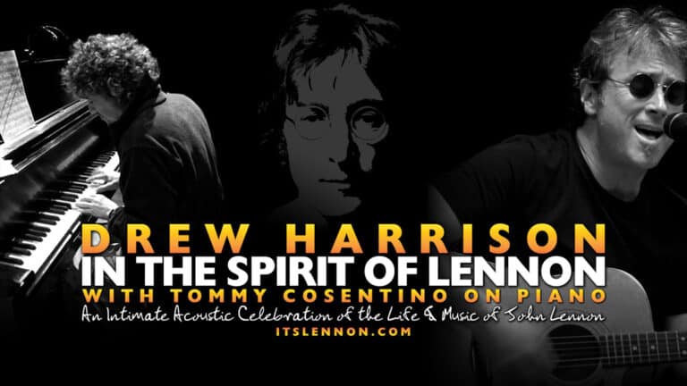 Drew Harrison in greyscale image with Tommy Cosentino. A stylized image of John Lennon is in the background.