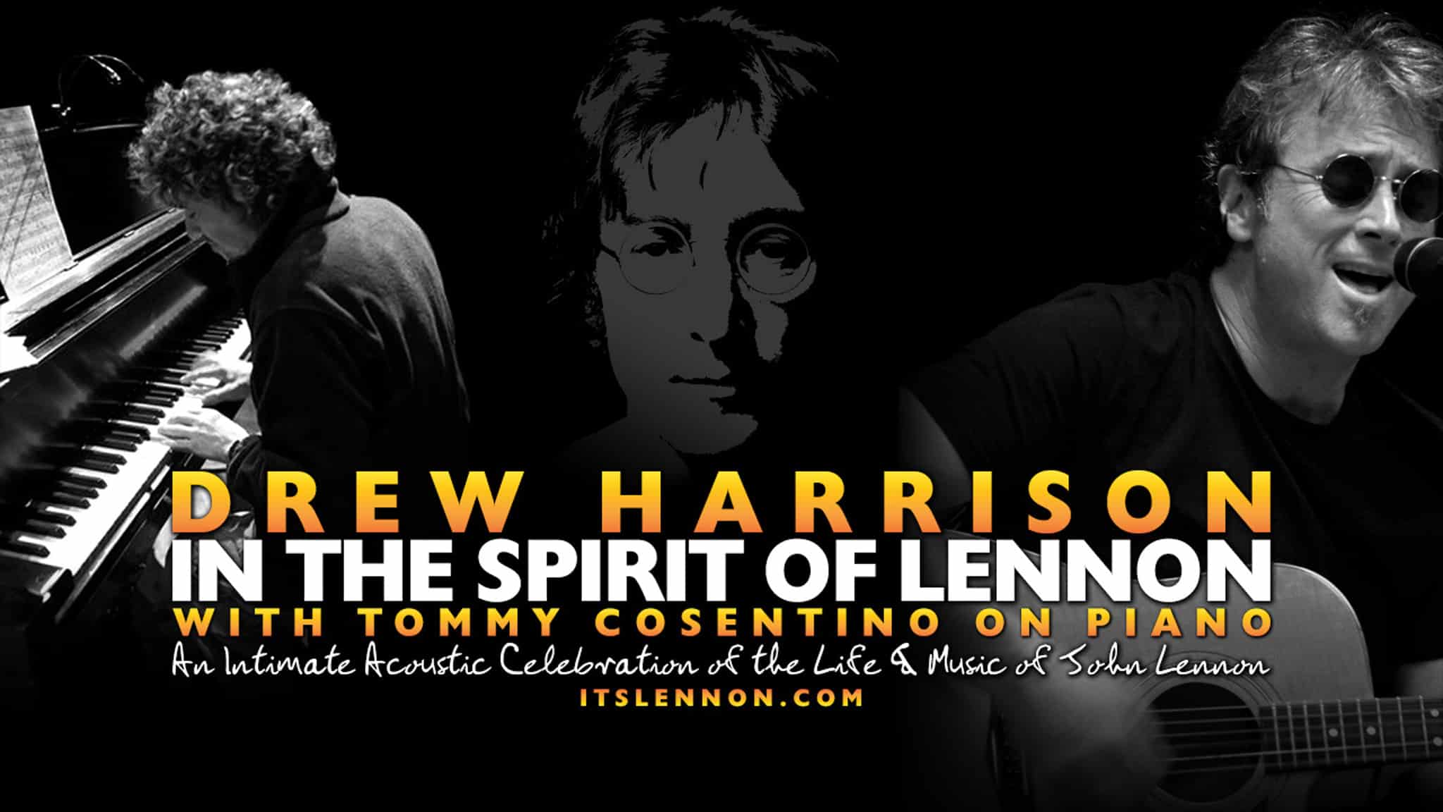 Drew Harrison in greyscale image with Tommy Cosentino. A stylized image of John Lennon is in the background.