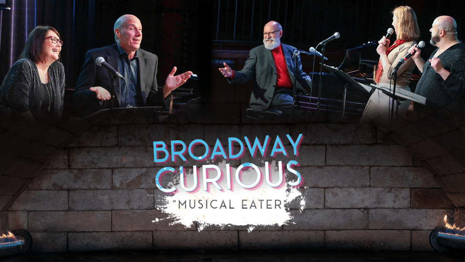 Broadway Curious logo with photos of hosts and participants above