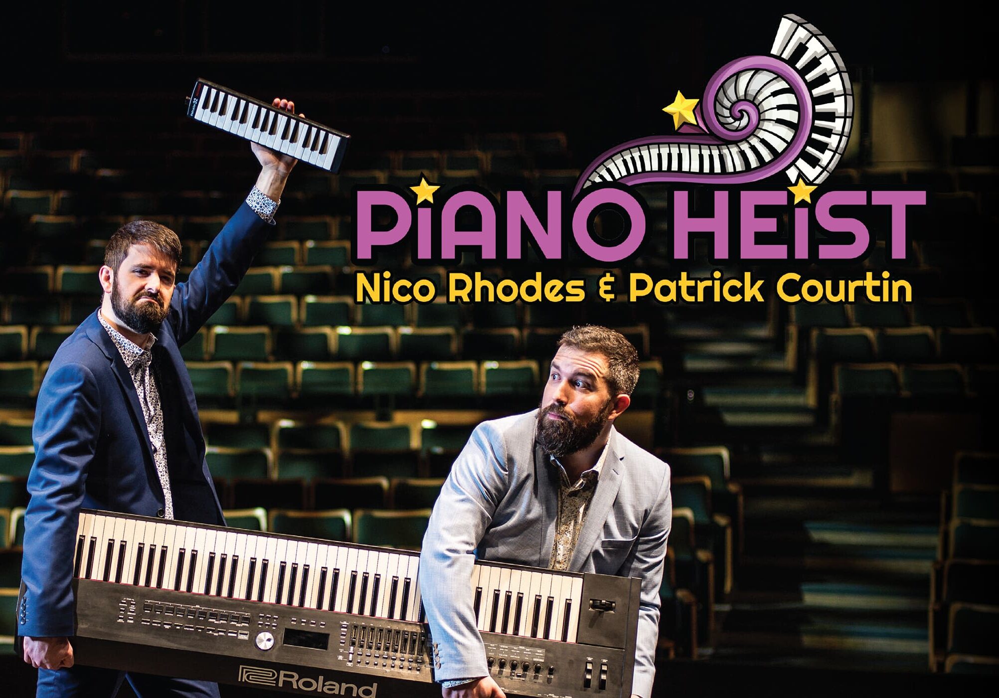Piano Heist - Nico Rhodes and Patrick Courtin's names appear up top while the two sneakily carry a Roland keyboard between the two of them across a background of music hall seats. One holds a very small keyboard in one hand over his head.