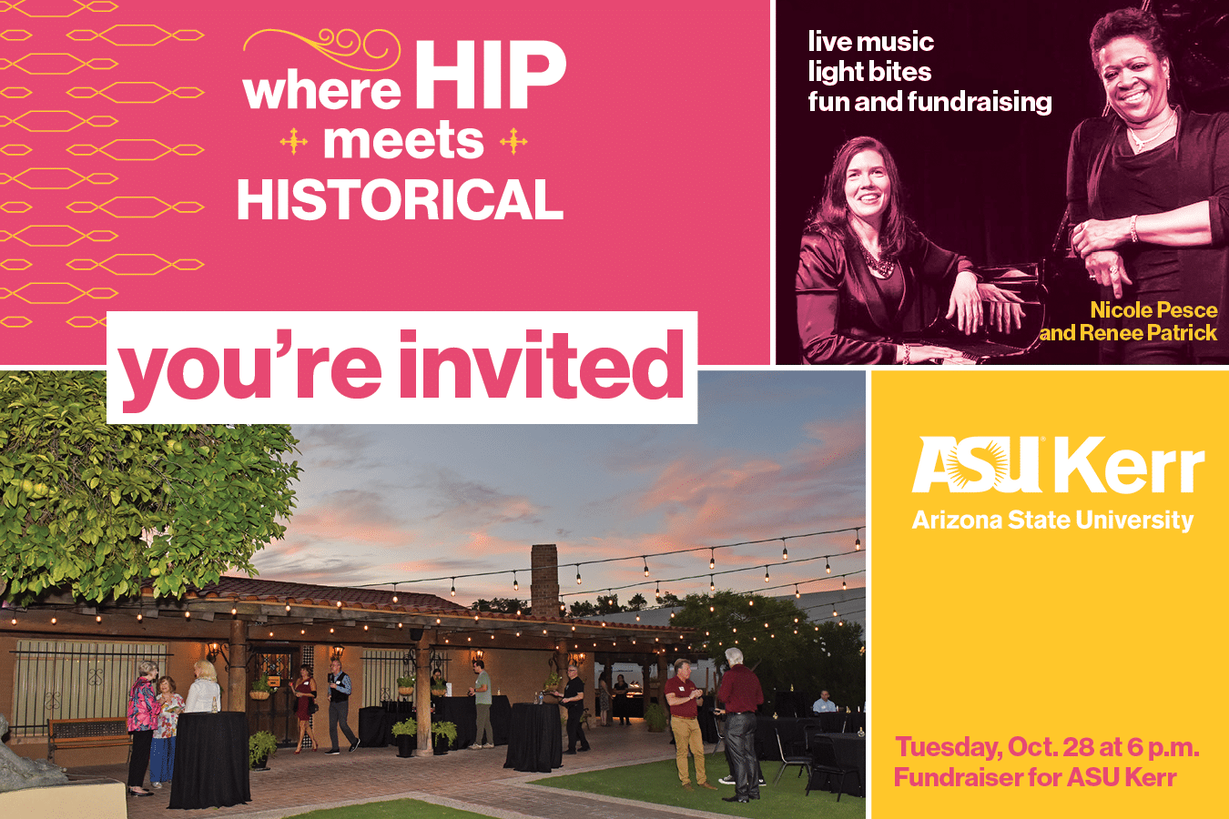 Fundraiser invite with photo of Nicole Pesce and Renee Patrick at a piano, and the exterior of ASU Kerr at last year's fundraiser