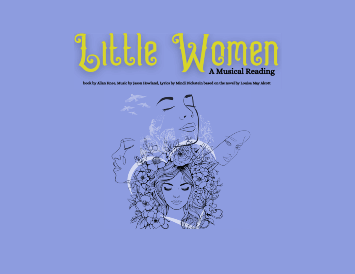 Image with purple background. Says Little Women: A Musical Reading at the top in yellow. Includes four women's faces, four birds flying, and two soldiers on horses.