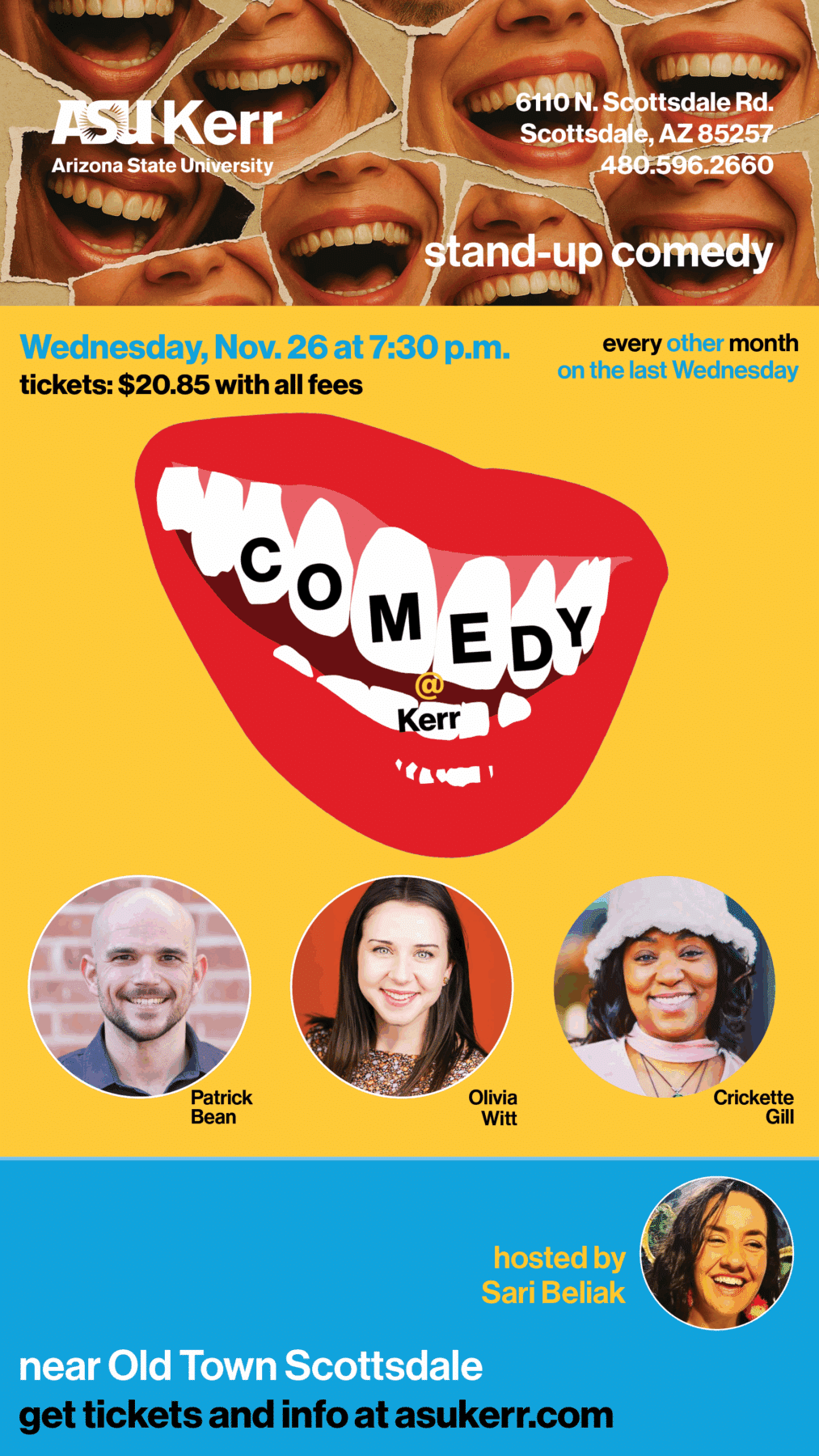 Comedy @ Kerr flyer with Patrick Bean, Olivia Witt, Crickette Gill and host Sari Beliak