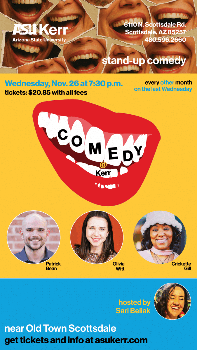 Comedy @ Kerr flyer with Patrick Bean, Olivia Witt, Crickette Gill and host Sari Beliak