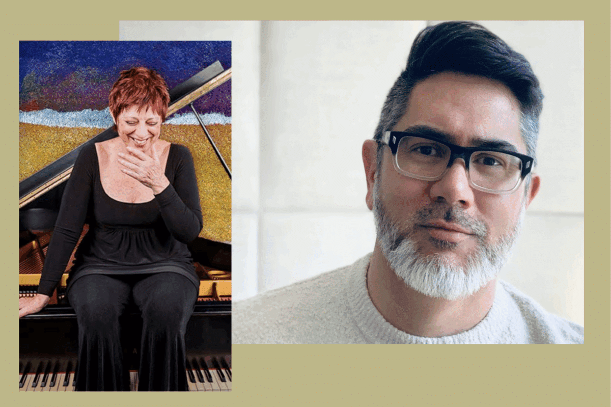Collage of two artist photos: a red-haired woman sitting on a grand piano laughing with her hand at her chest, and a close-up headshot of a dark-haired man with glasses and a gray beard wearing a light sweater.