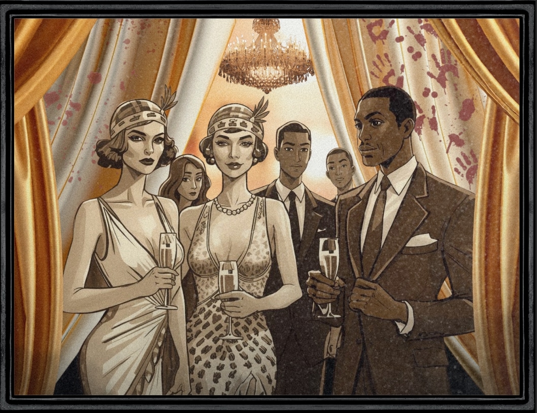 A formal gathering depicted in a painting, featuring a group of people in stylish 1920s attire and elegant dress.