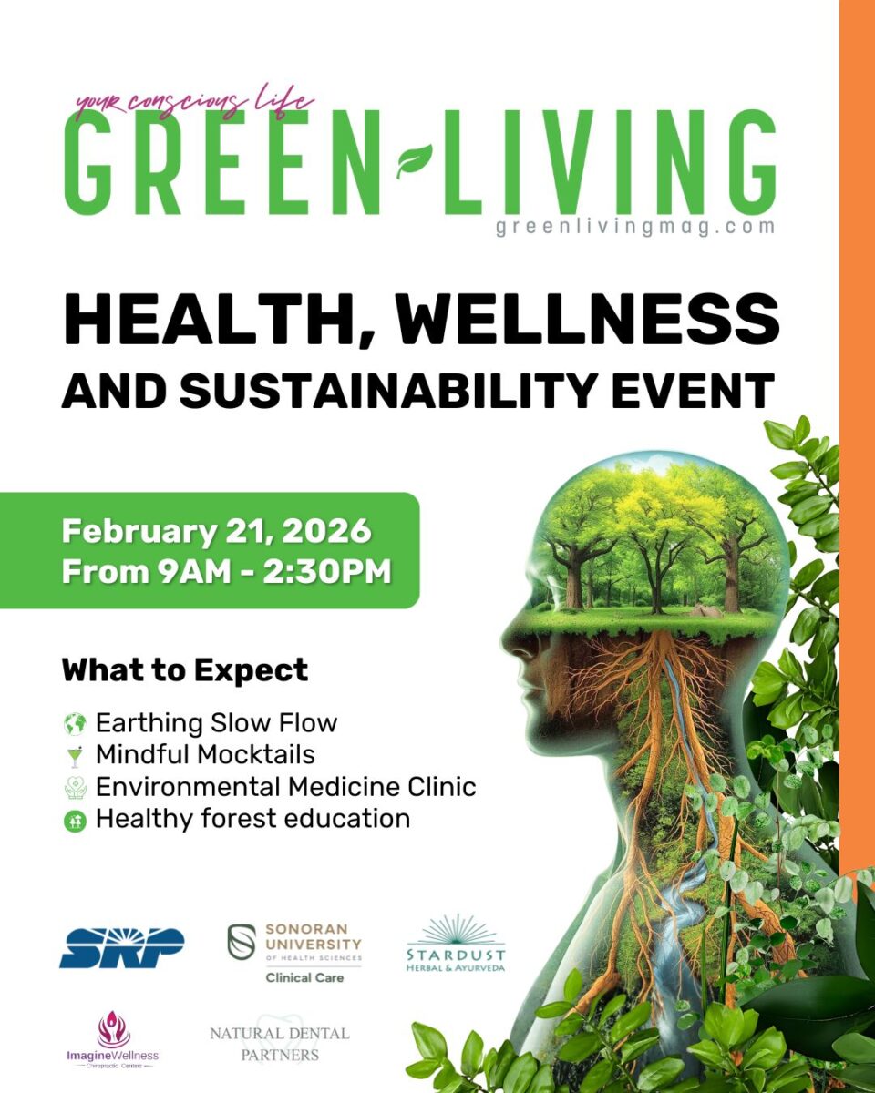 A vibrant event poster showcasing health, wellness, and sustainability through green living practices and community engagement.