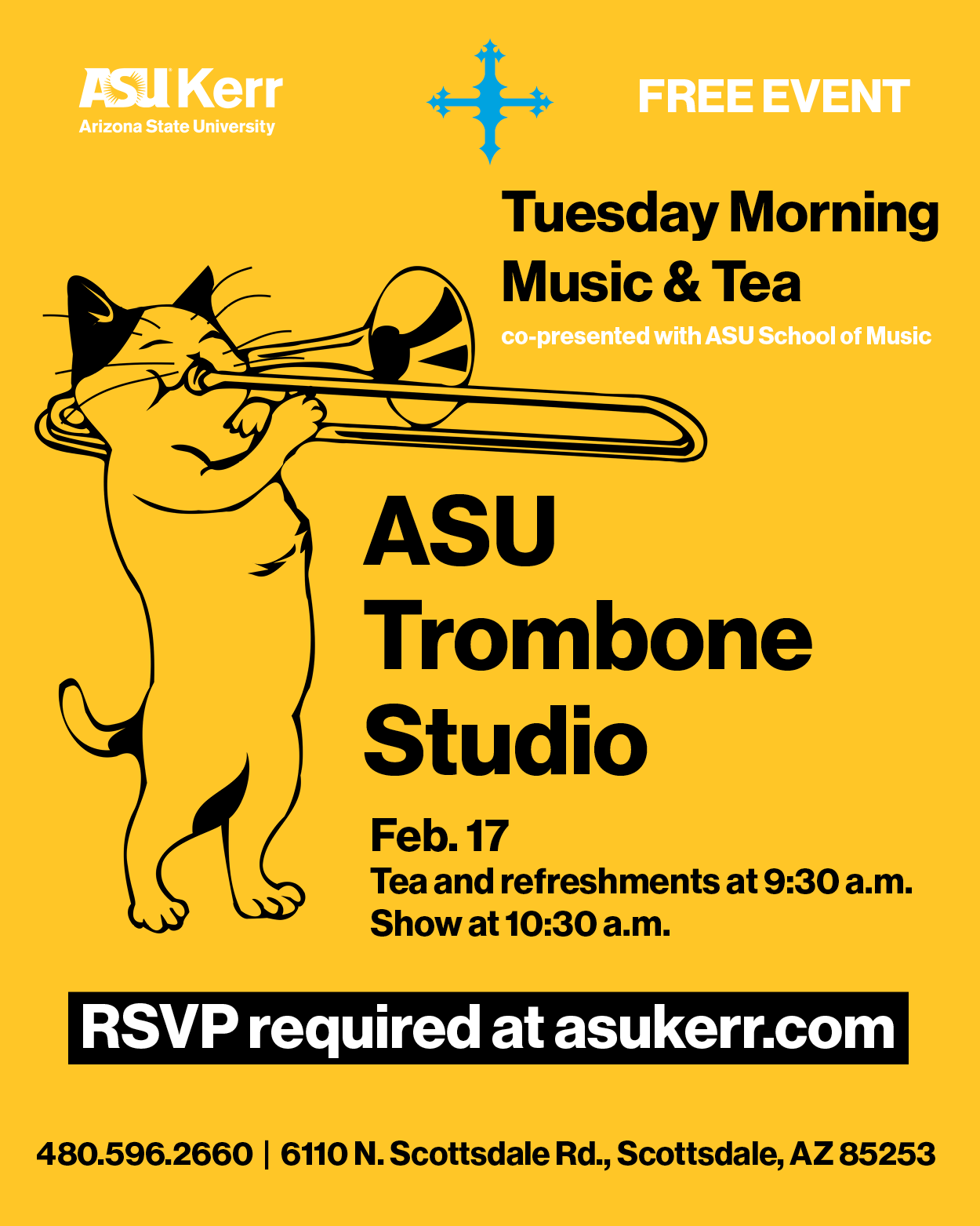 An illustrated cat plays a trombone, event info displayed: Feb. 17, tea and refreshments at 9:30 a.m., show at 10:30 a.m. RSVP required at asukerr.com