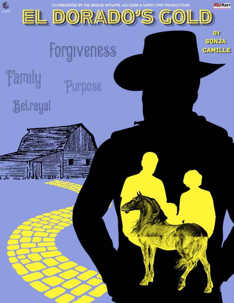 An aminated silhouette of a cowboy stands in front of an animated farmhouse, with a yellow brick road leading from him to the farmhouse. The image reads "El Dorado's Gold - Forgiveness, Family, Purpose, Betrayal"