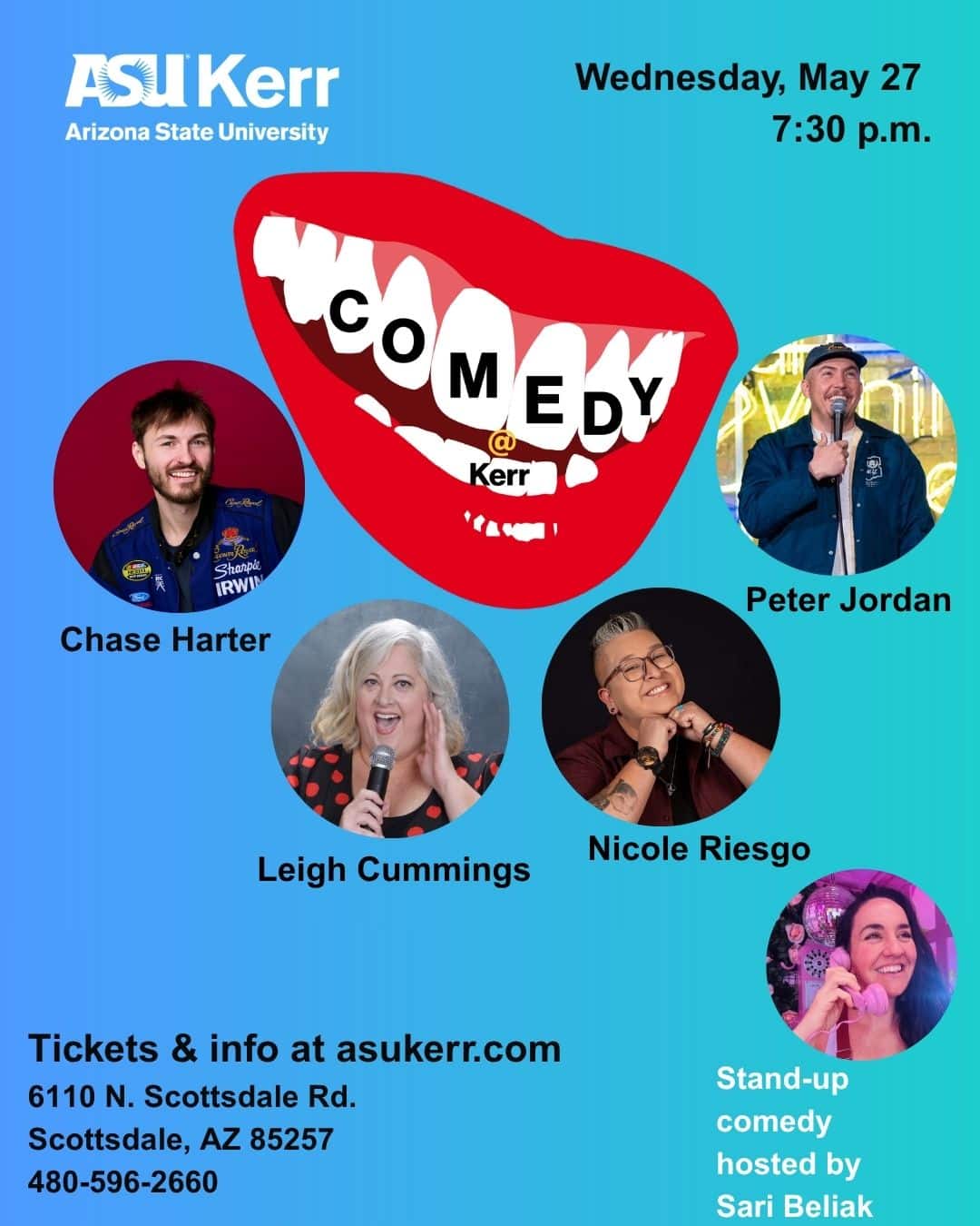 This image features the four comedians performing at ASU Kerr's Comedy at Kerr show. The image showcases comedians Chase Harter, Leigh Cummings, Nicole Riesgo, and Peter Jordan, as well as the show's host, Sari Beliak. 
