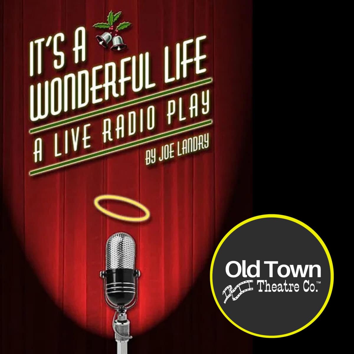 Vintage microphone on stage with red curtains, promoting 'It's a Wonderful Life' radio play by Joe Landry.