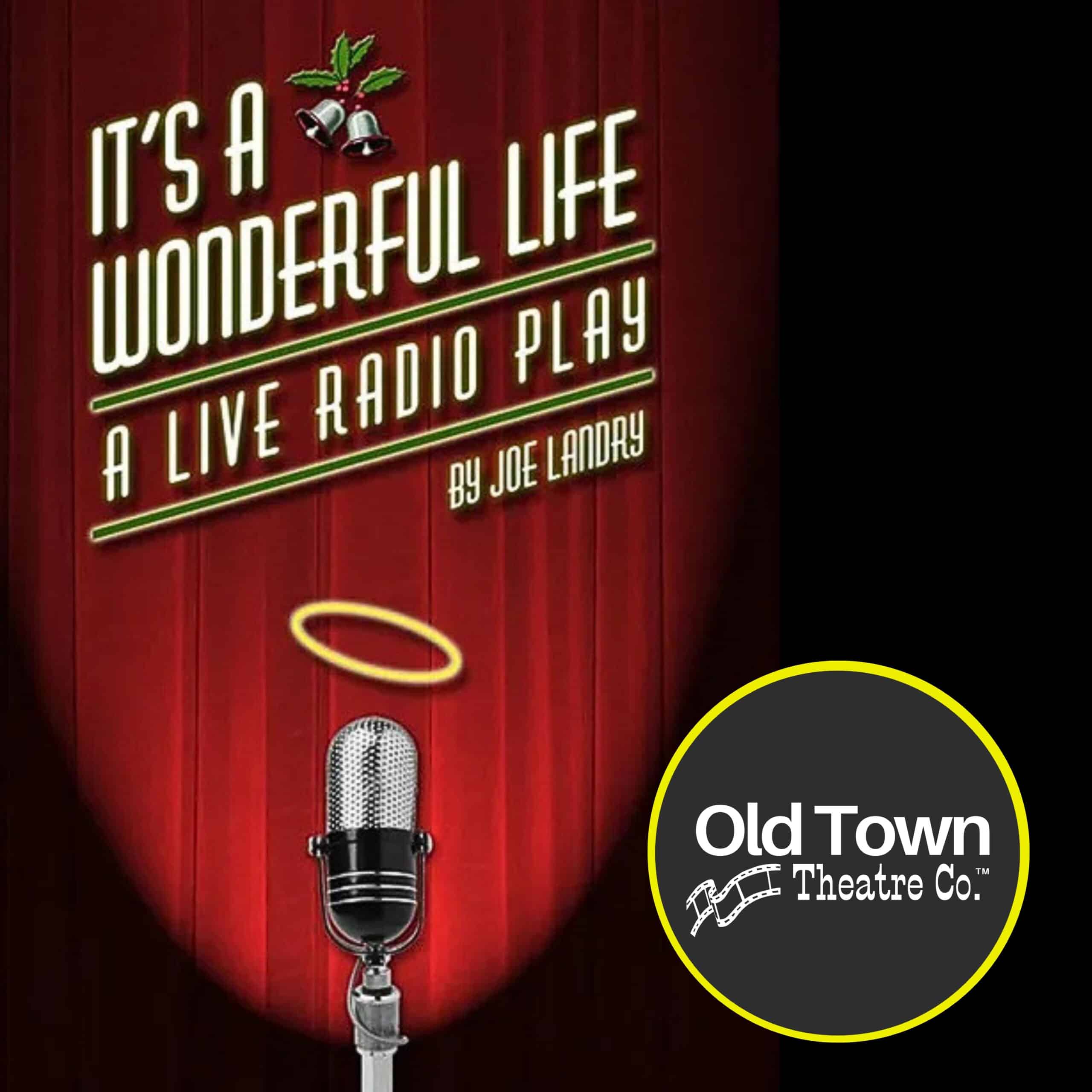 Vintage microphone on stage with red curtains, promoting 'It's a Wonderful Life' radio play by Joe Landry.