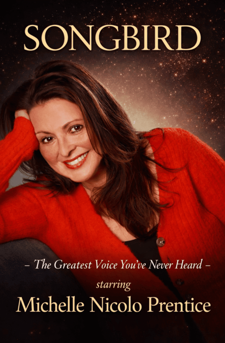 Cover of "Songbird" by Michelle Nicole Prentice featuring a woman smiling in a red cardigan.