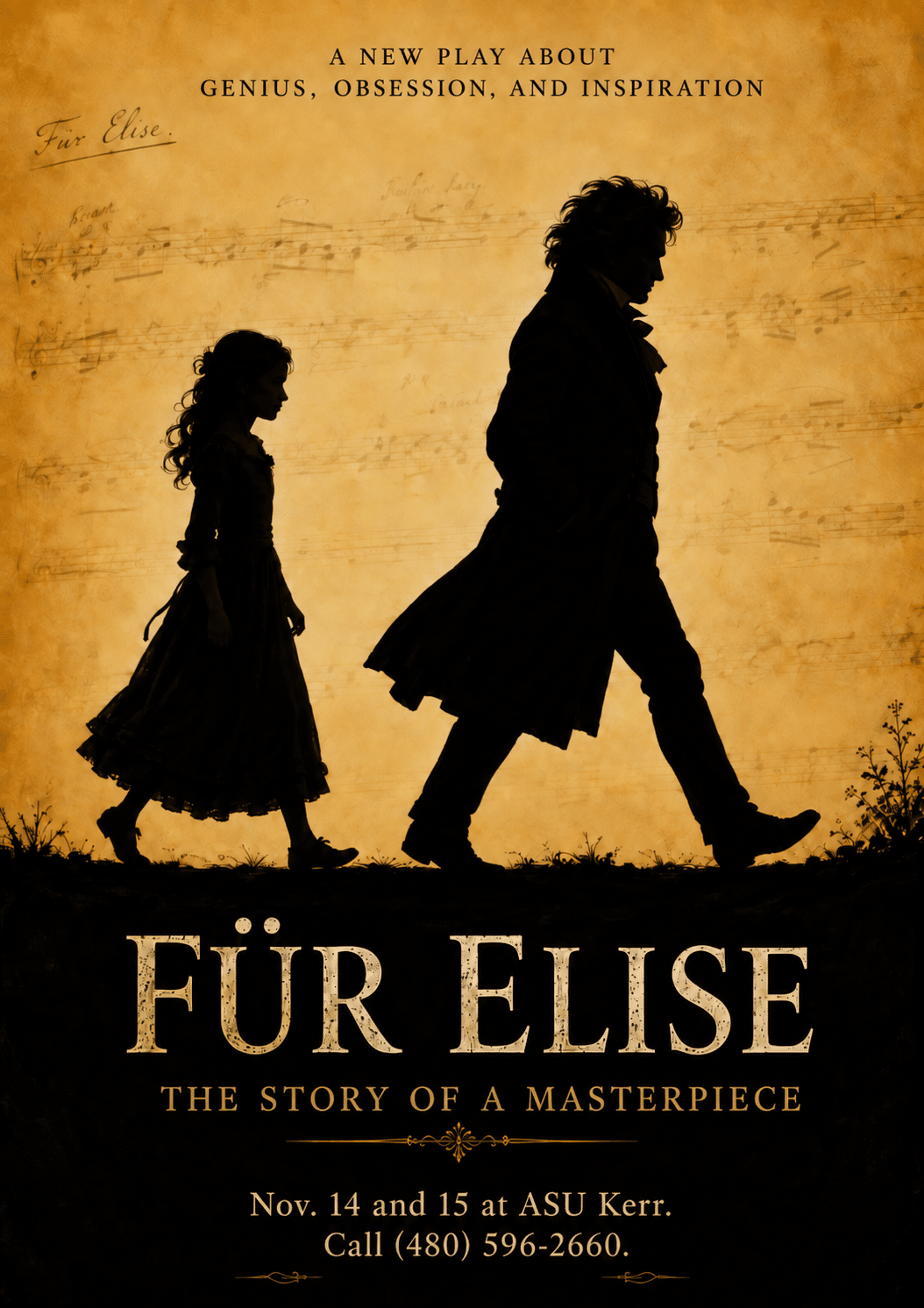 Fur Elise flyer with an image of a man walking in front of a young girl. The flyer contains the name of the event, Fur Elise The Story of A Masterpiece, as well as the date and location of the event.