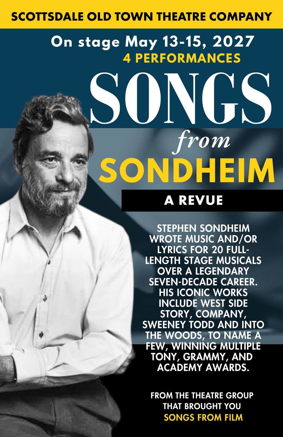 A black and white image of Stephen Sondheim sits to the left of text describing the show.